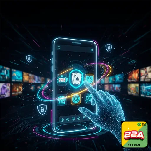 Imagem do aplicativo 22a mostrado na tela, parte do site 22a Brasil, destacando funcionalidades e interface intuitiva.